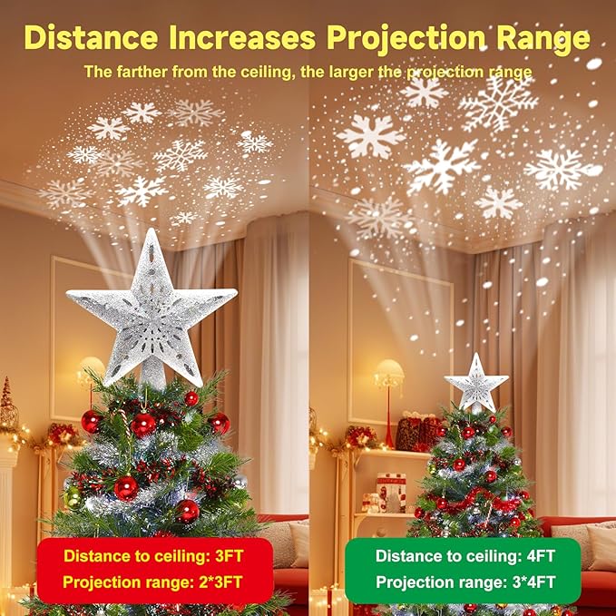 Christmas Tree Topper Star: Lighted with 6 Projected Patterns Snowflake Projector Lights-3D Hollow Glitter LED Magic Rotating Light for Christmas Tree Decorations Ornament Silver