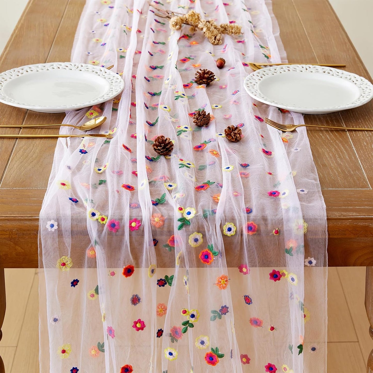 JIALE Pink Floral Table Runner, Embroidery Daisy Seasonal Table Decorations, 120Inch 10FT Tulle Fabric for Home Decor, Bridal Shower Wedding, Baby Shower Parties, DIY Craft