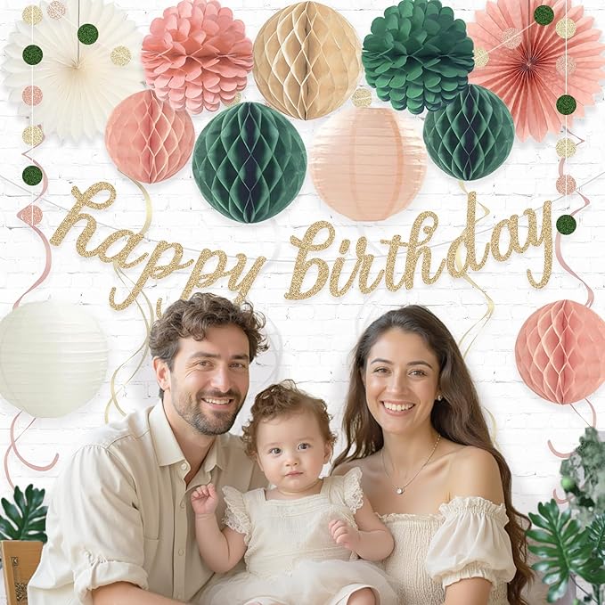 Pink Sage Green Happy Birthday Decorations, Pre-Strung Happy Birthday Banner with Honeycomb Balls, Paper Flowers, Lanterns, Hanging Swirls, Circle Dots Garland for Birthdays Party Decorations 24pcs