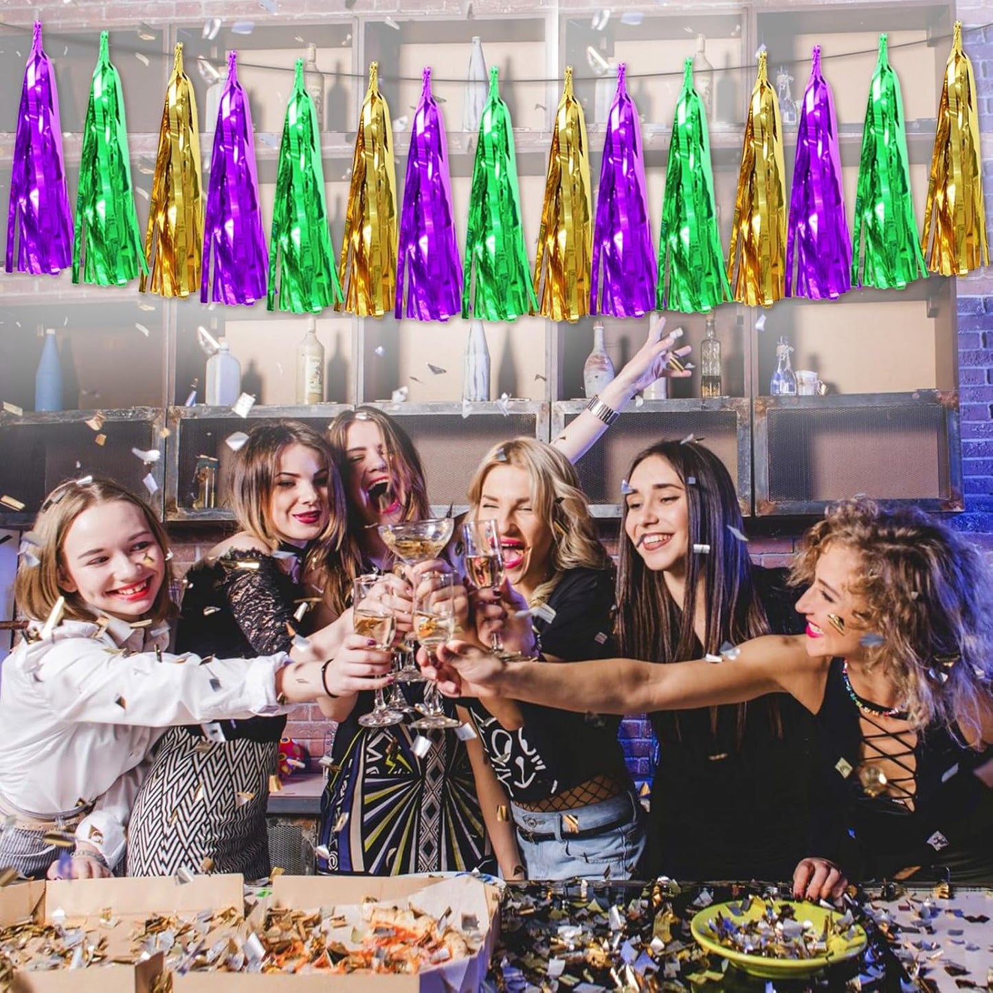 6P Purple Green Gold Foil Fringe Metallic Tassel Streamers Banner Tassel Garland for Parade Floats, Bachelorette, Wedding, Birthday, Graduation, Christmas, Bridal/Baby Shower Party Decorations