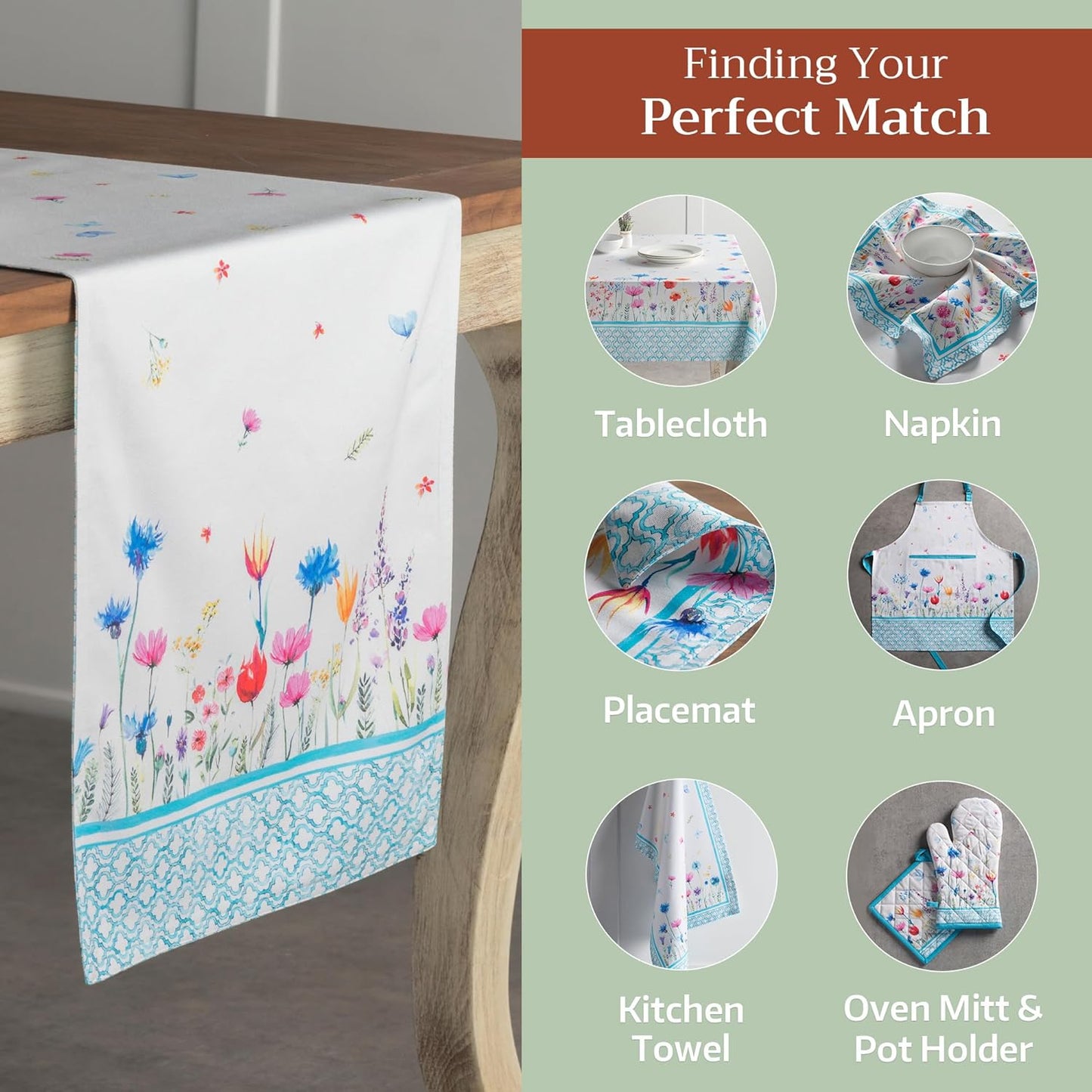 Maison d' Hermine Table Runner 100% Cotton Single Layer Table Runners 72 inches Long Decorative for Home Kitchen Dining Party Wedding Bridal Shower Spring Summer (Flower in The Field, 14.50" x 72")