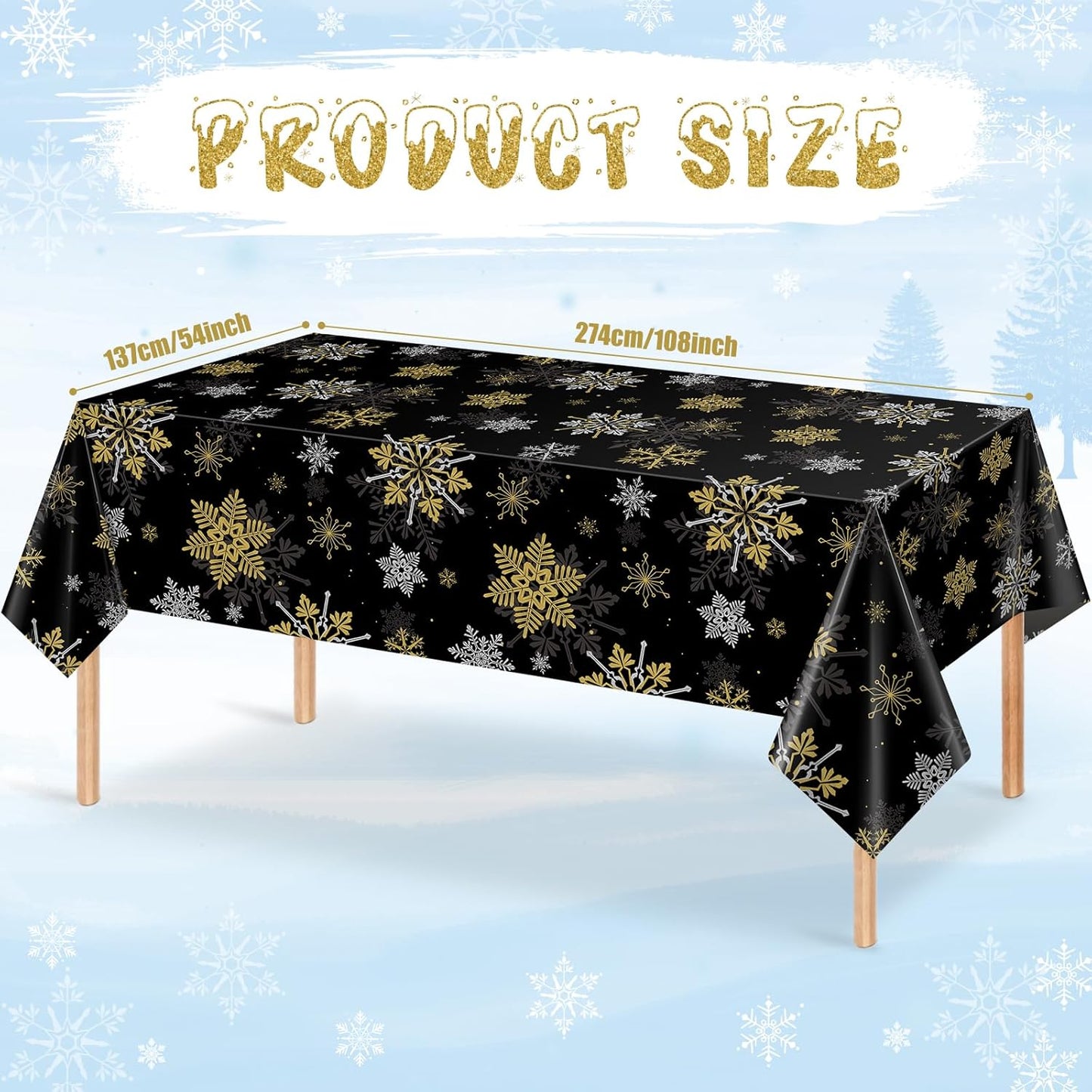 6Pcs Christmas Snowflake Party Tablecloths Decorations,Plastic Black and Gold Table Cloth,Winter Rectangle Table Cover for Christmas New Year Birthday Baby Shower Holiday Party Decorations,54x108 inch