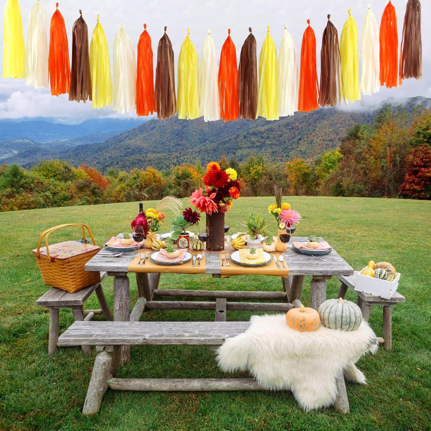 Brown-Orange Yellow Baby-Shower Party Decorations - 30pcs Fall Autumn Harvest Thanksgiving Tissue Pom Poms Streamers, Birthday Bridal Wedding Bachelorette Tassel Garland Banner Decor Ouruola