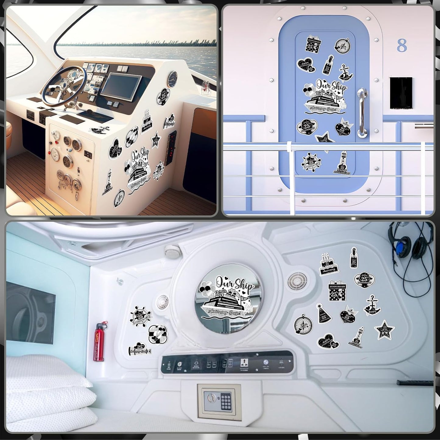 25th Anniversary Cruise Door Magnets Decorations, Black Silver Happy 25th Anniversary Cruise Ship Door Decor Magnetic for Married in 2000 Men Women Wedding Party Refrigerator Fridge Car Kitchen Garage