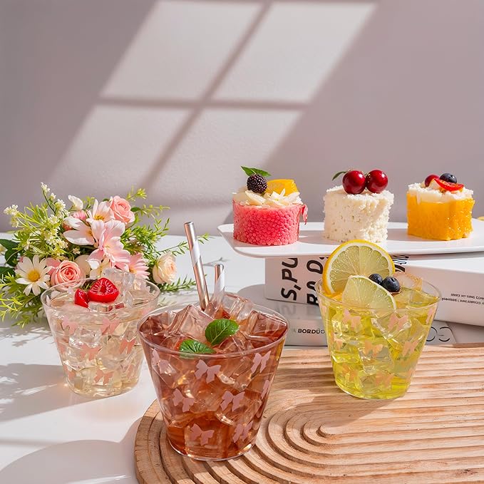 I00000 100 Pcs 9 oz Clear Plastic Cups with Pink Bow, Clear Disposable Cups Wine Glasses Cocktail Glasses Premium Cup Perfect for Wedding, Birthday & Party