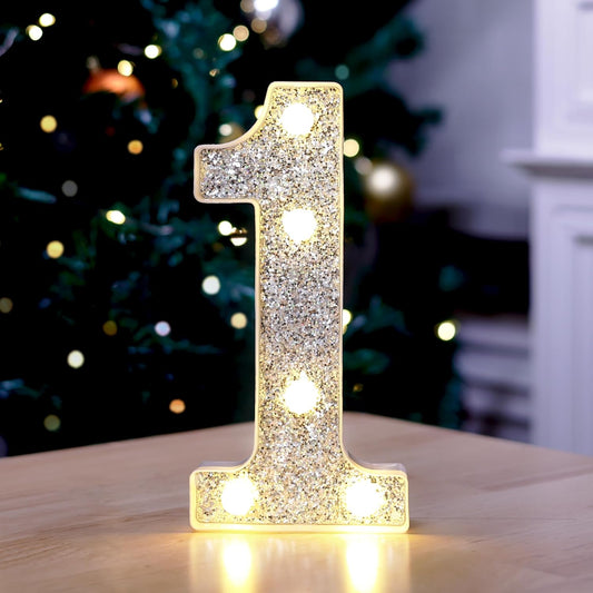 Marquee Light Up Letters, Glitter Silver LED Letter Lights Battery Powered Alphabet Letter Sign for Night Light Wedding Birthday Party Cafe Bar Decoration Girls Room Decor - Number 1