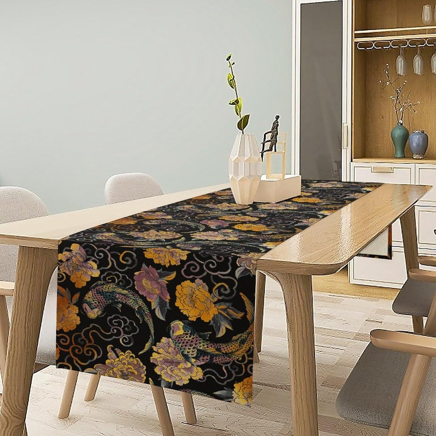 Japanese Table Runner Retro Flowers Oriental Tradition Kio Fish Art Printed Burlap Runner Home Kitchen Dining Table Living Room Decor Fabric 1 Panel W13xL70in