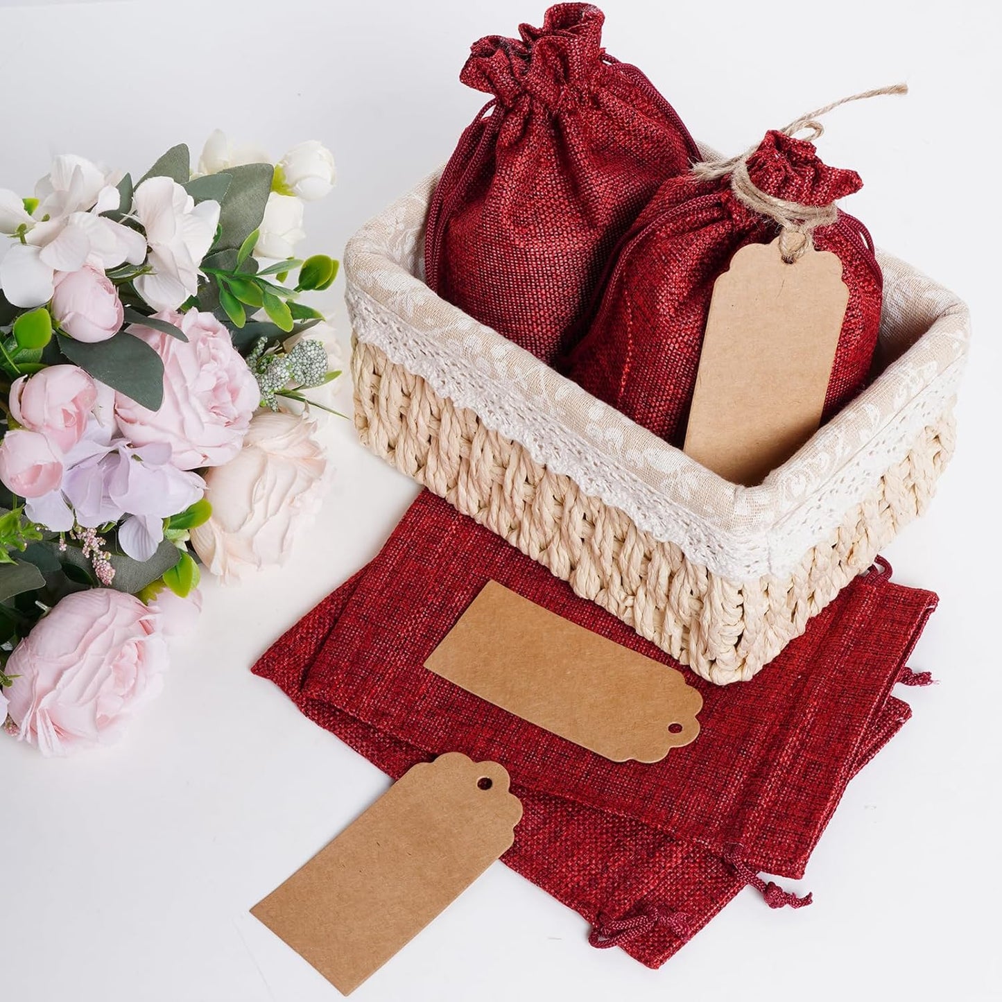 Yymobt 25PCS Burlap Bags with Drawstring, Reusable Burlap Favor Bag 5x7’’ Small Party Sacks for DIY Craft, Party, Christmas, Wedding, Festival Presents Bulk Bags（Red）