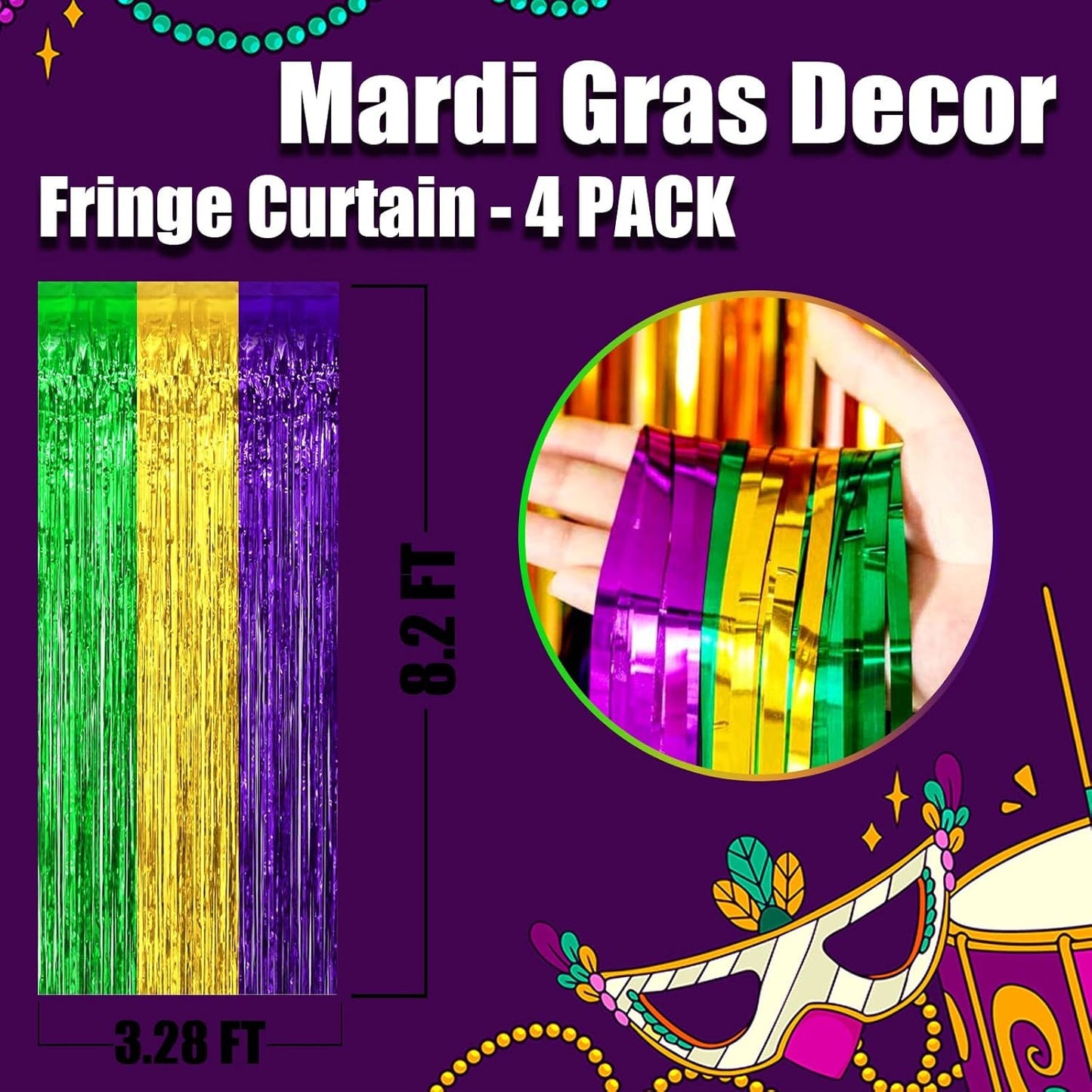 4 Pack Mardi Gras Foil Fringe Curtain Backdrop, 3.28Ft x 8.2Ft Gold Green Purple Metallic Tinsel Foil Fringe Streamers Curtains for Photo Booth, Wedding, Birthday Party Decoration