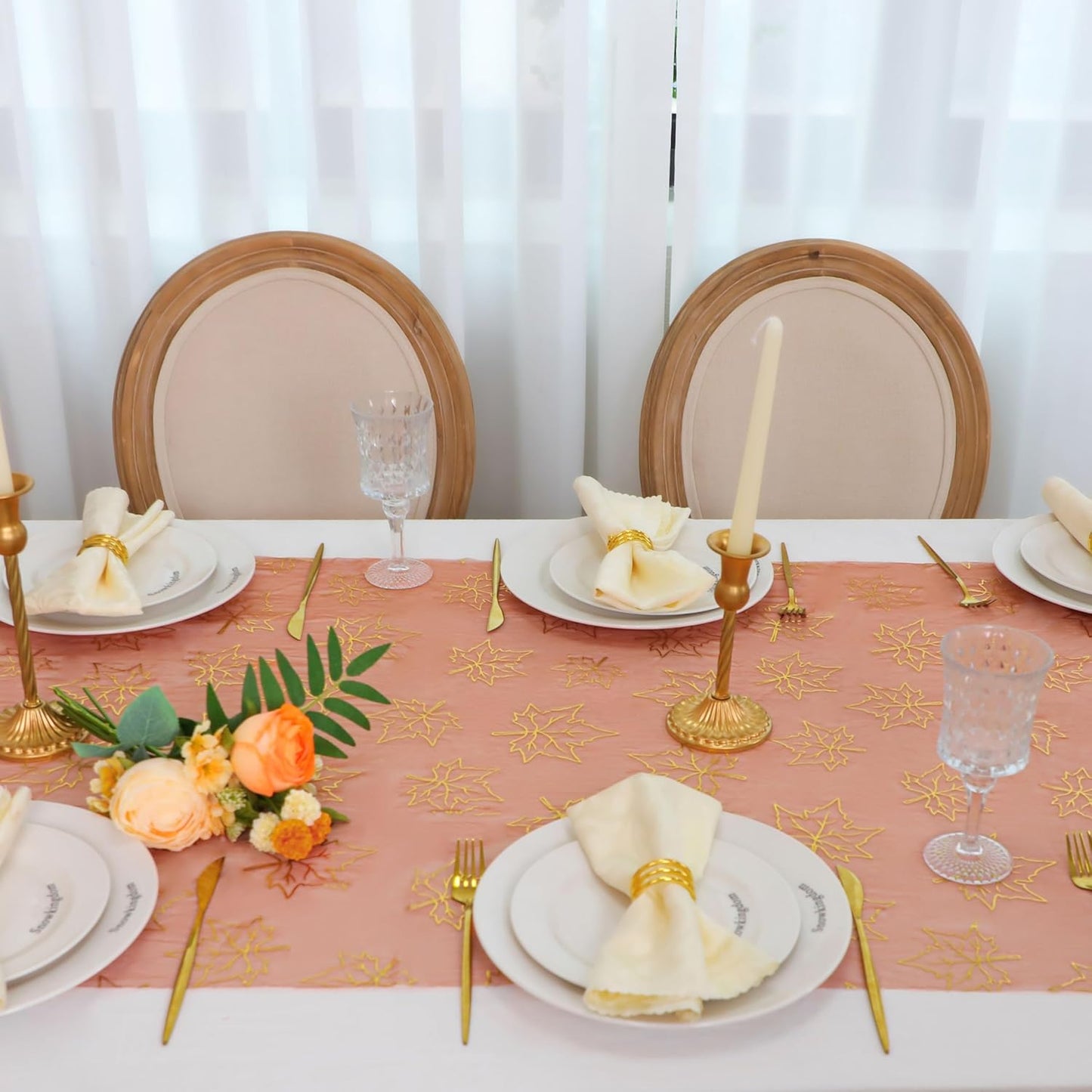 Snowkingdom Terracotta Gold Table Runner 10Ft, Gold Maple Leaves Burnt Orange Gauze Chiffon Runners 120 Inch, Fall Glitter Dining Table Centerpieces Decorations for Thanksgiving Autumn Harvest Party