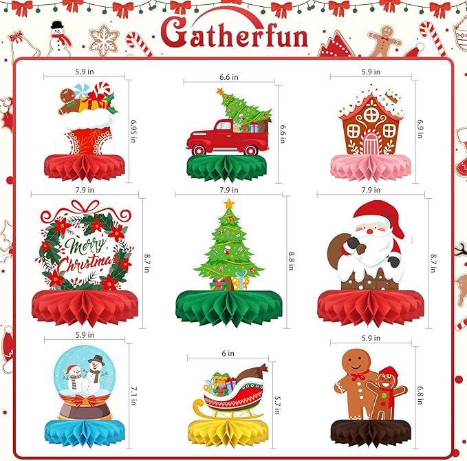 Merry Christmas Party Decorations Bundle - Includes Festive Christmas Honeycomb Centerpieces ，Santa Claus Snowman Table Toppers, Perfect for Classroom Decor, Christmas & Winter Birthday Party Supplies