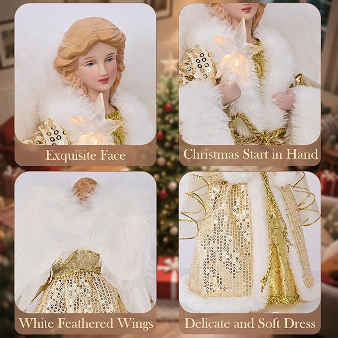 Angel Christmas Tree Topper, 12.5 Inch Angel Tree Topper with Lights, Christmas Tree Topper with White Feather Wings, Xmas Tree Topper for Christmas Decor Home Holiday Party,Gold