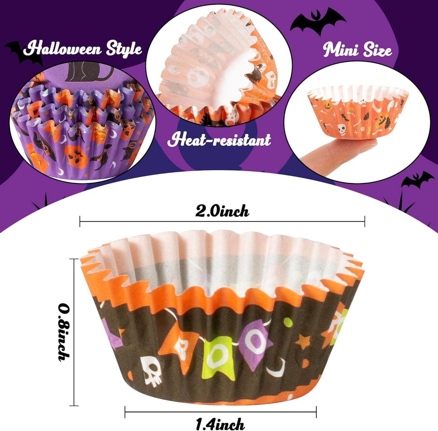 COcnny Halloween Mini Cupcake Liners - 600pcs Halloween Candy Baking Cups Muffin Cupcakes Wrappers, Pumpkin Ghost Skull Disposable Chocolate Cake Wrap Making Supplies for Party (10 Styles)