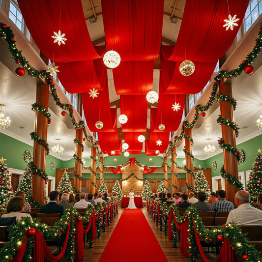 PartyVillage 10ftx40ft Red Ceiling Curtain for Wedding Parties – 2 Panels Wrinkle-Free 40 FT Long Tent Draping Curtains for Wedding, Birthday & Theme Parties, 40ft Height with Rod Pocket