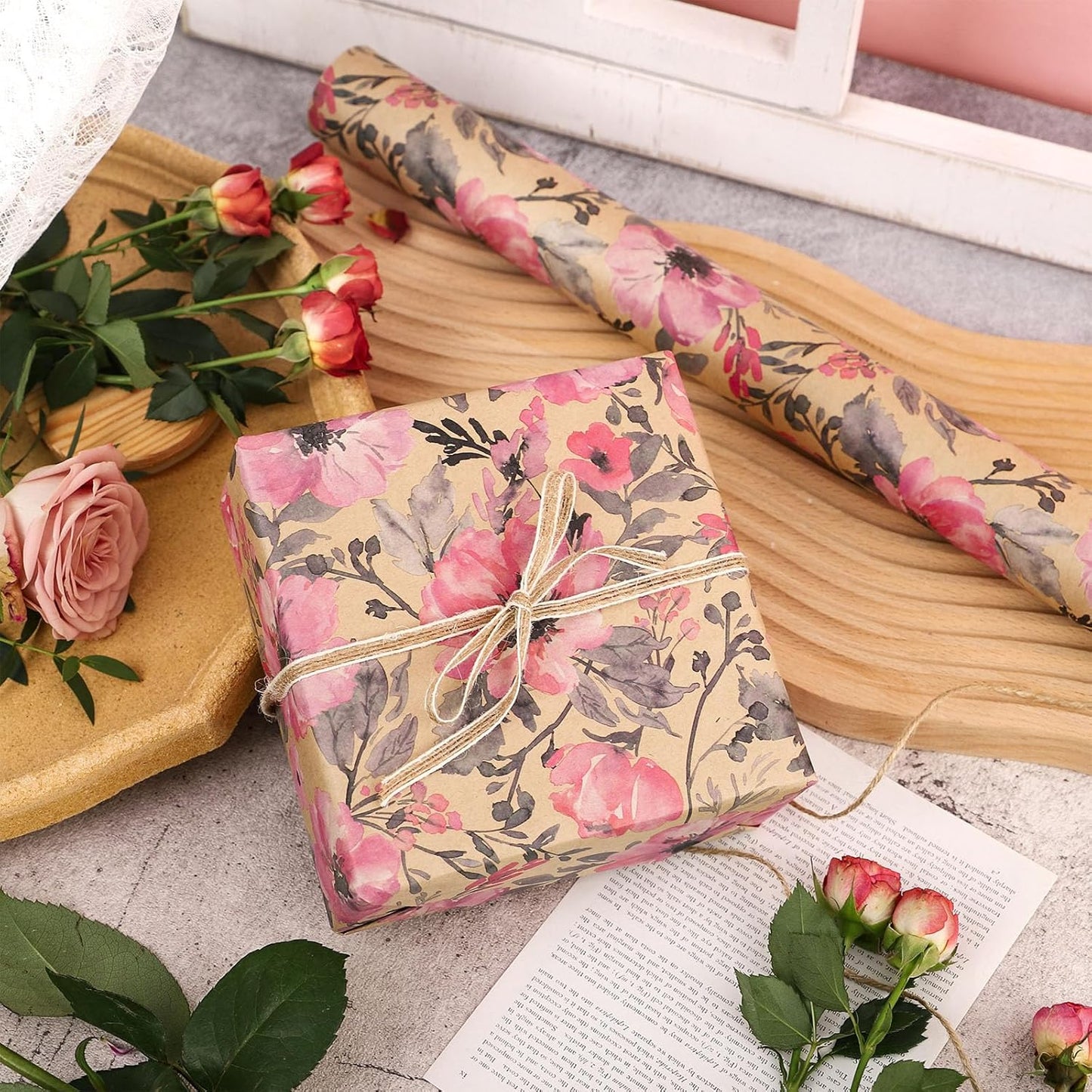 RUSPEPA Pink Flower Gift Wrapping Paper, 17 x 32.8 Feet, Mini Roll, Floral Gift Wrap Kraft Paper Roll for Women, Girls, Spring and Summer, Wedding and Bridal Shower