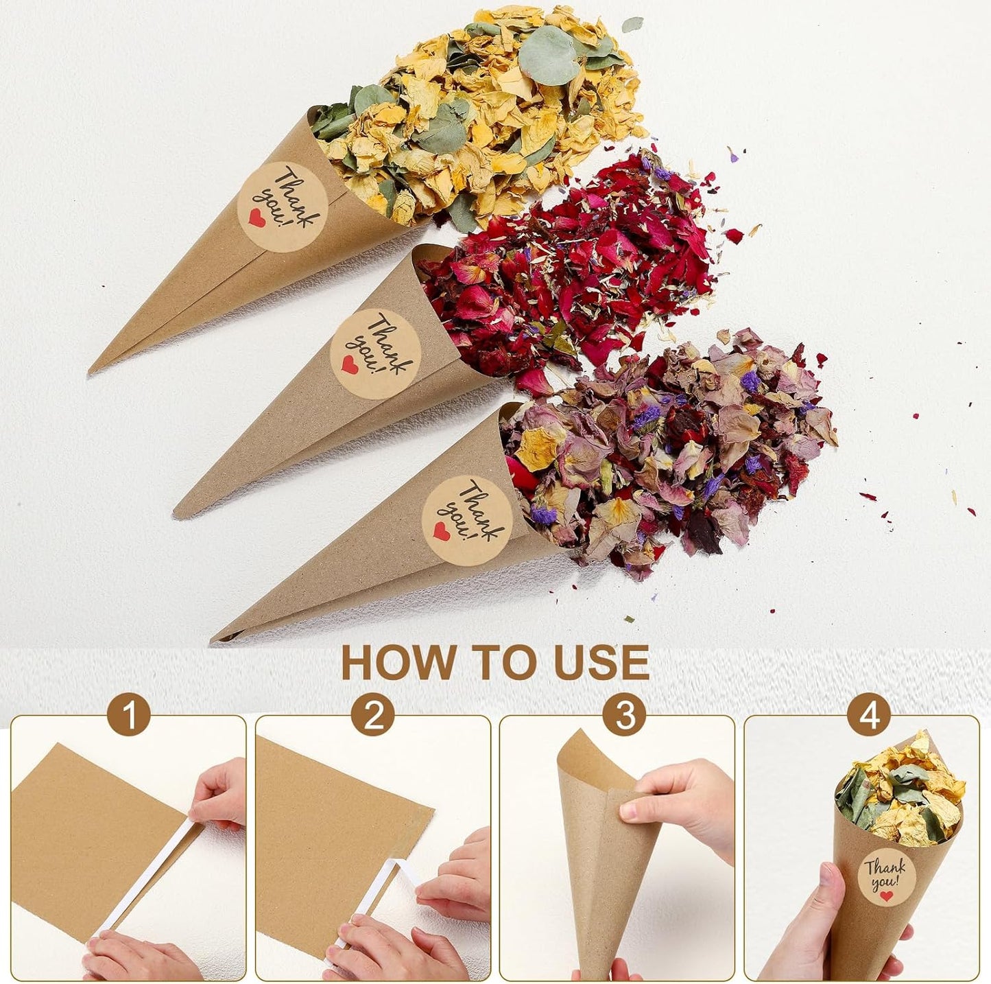 PATIKIL Dried Flower Confetti Cones, 30Pcs Paper Tapers Cone Holder with Dried Rose Petal / Sticker for Wedding Party Engagement Birthday DIY Decoration, Yellow/Green