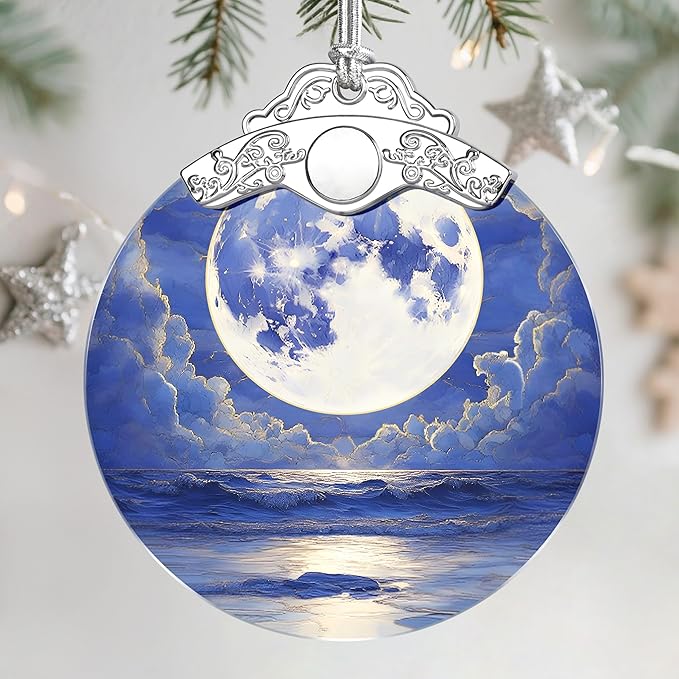 Christmas Ornaments: Stained Glass Ornament, Christmas Tree Ornament, Hanging Ornaments for Home Decor & Xmas Tree Decorations – Holiday Decor, Gifts & Holiday Present - Full Moon Over Ocean