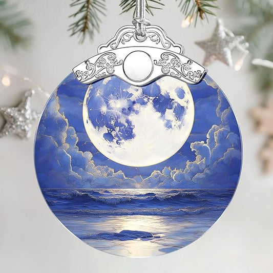 Christmas Ornaments: Stained Glass Ornament, Christmas Tree Ornament, Hanging Ornaments for Home Decor & Xmas Tree Decorations – Holiday Decor, Gifts & Holiday Present - Full Moon Over Ocean