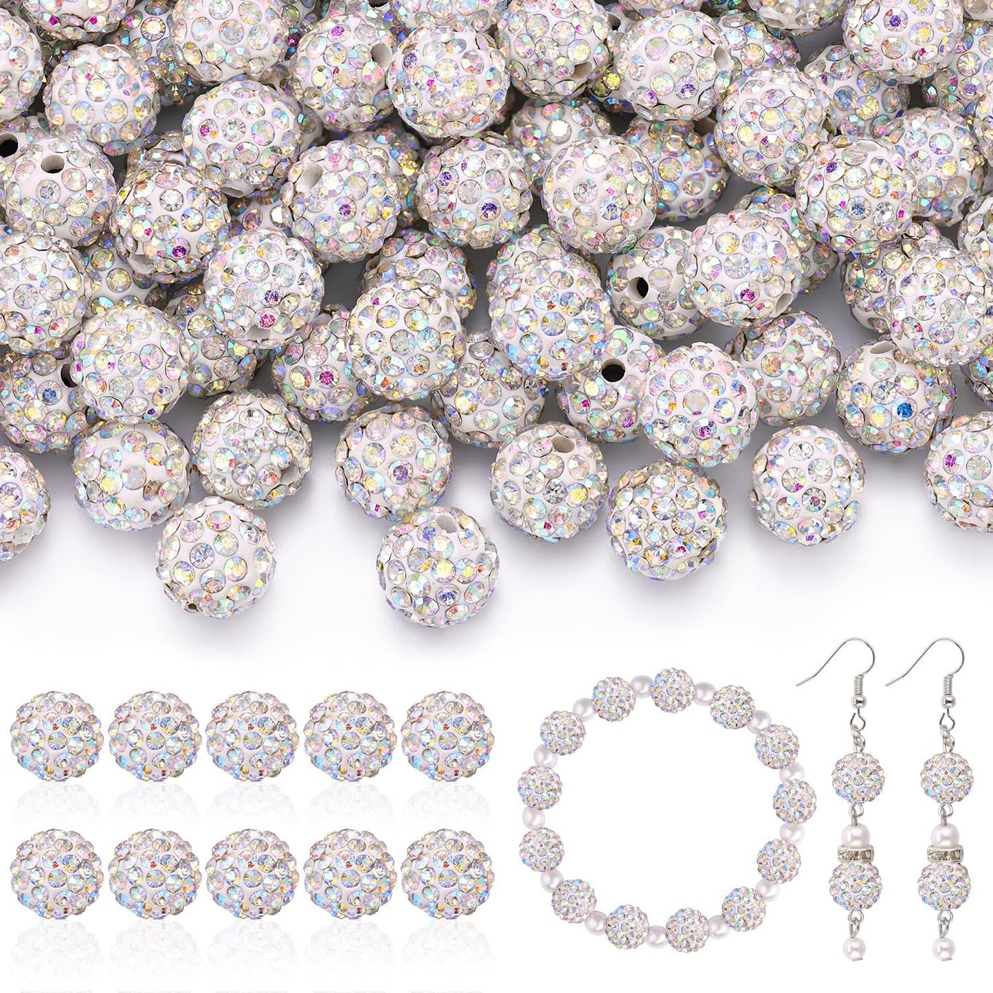 200pcs 10mm Rhinestone Beads for Jewelry Making, Crystal AB Shiny Round Disco Ball Beads Bulk, Sparkle Crystal Clay Christmas for Bracelet Baseball Necklace Earring Crafting and DIY