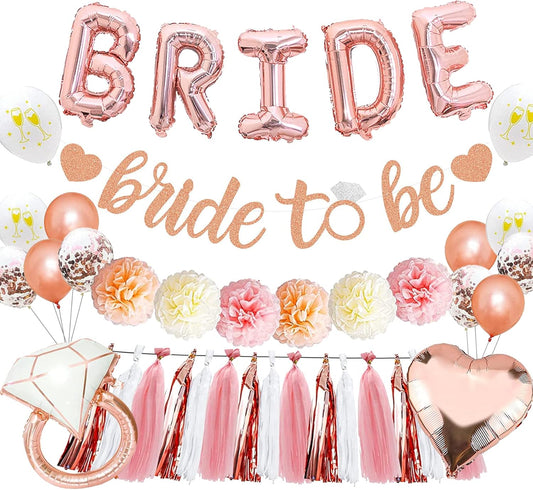 Bridal Shower Decorations - Rose Gold Party Decorations with Wifey for Lifey Banner, Bride Foil Balloon, Diamond Ring Balloon, Paper Pom Poms, Tassel Party Supplies