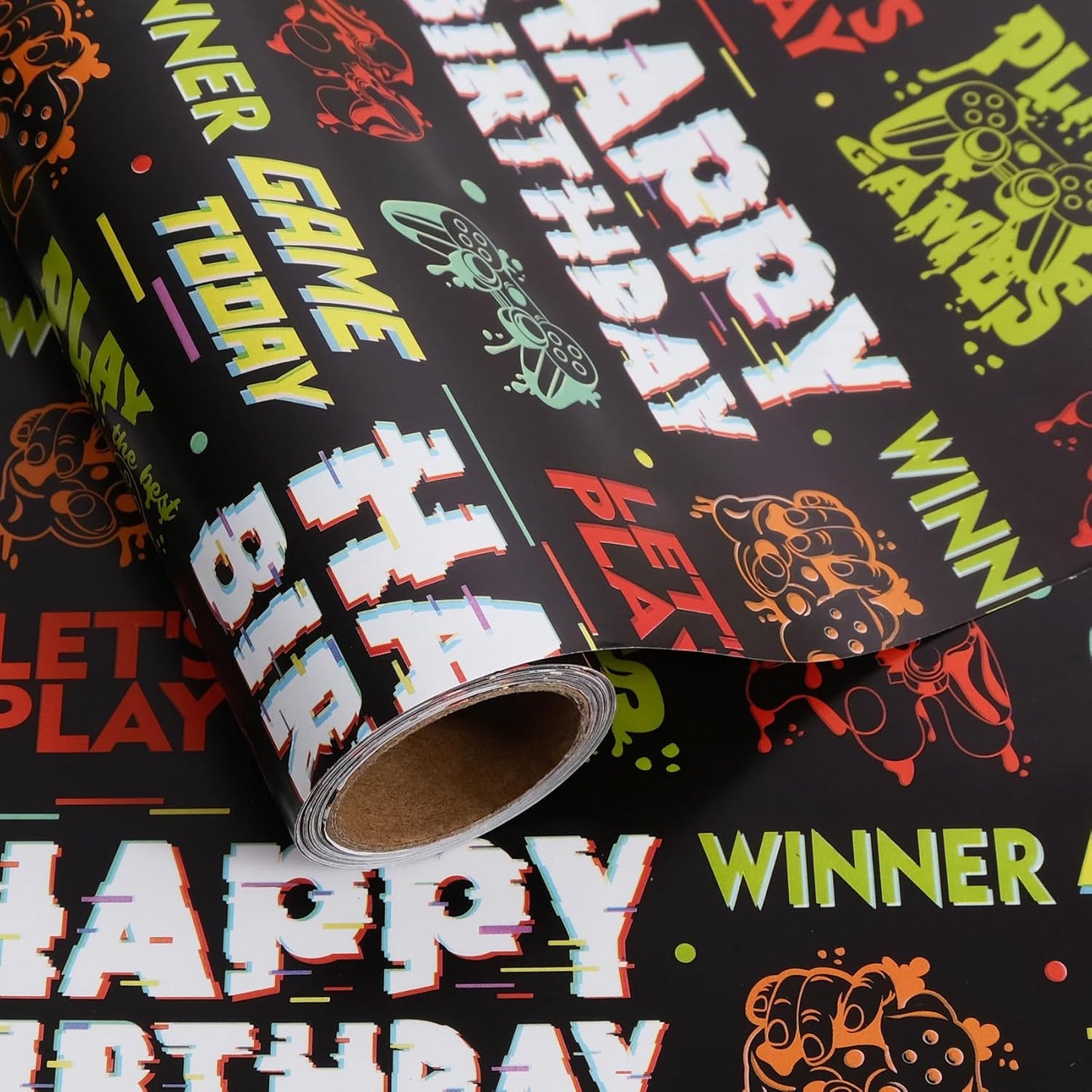 Aimyoo Gaming Birthday Wrapping Paper Roll - 17 Inch X 16.4 Feet - Black Happy Birthday Video Game Pattern Gift Wrap Paper for Boys Party, Baby Shower, Holiday