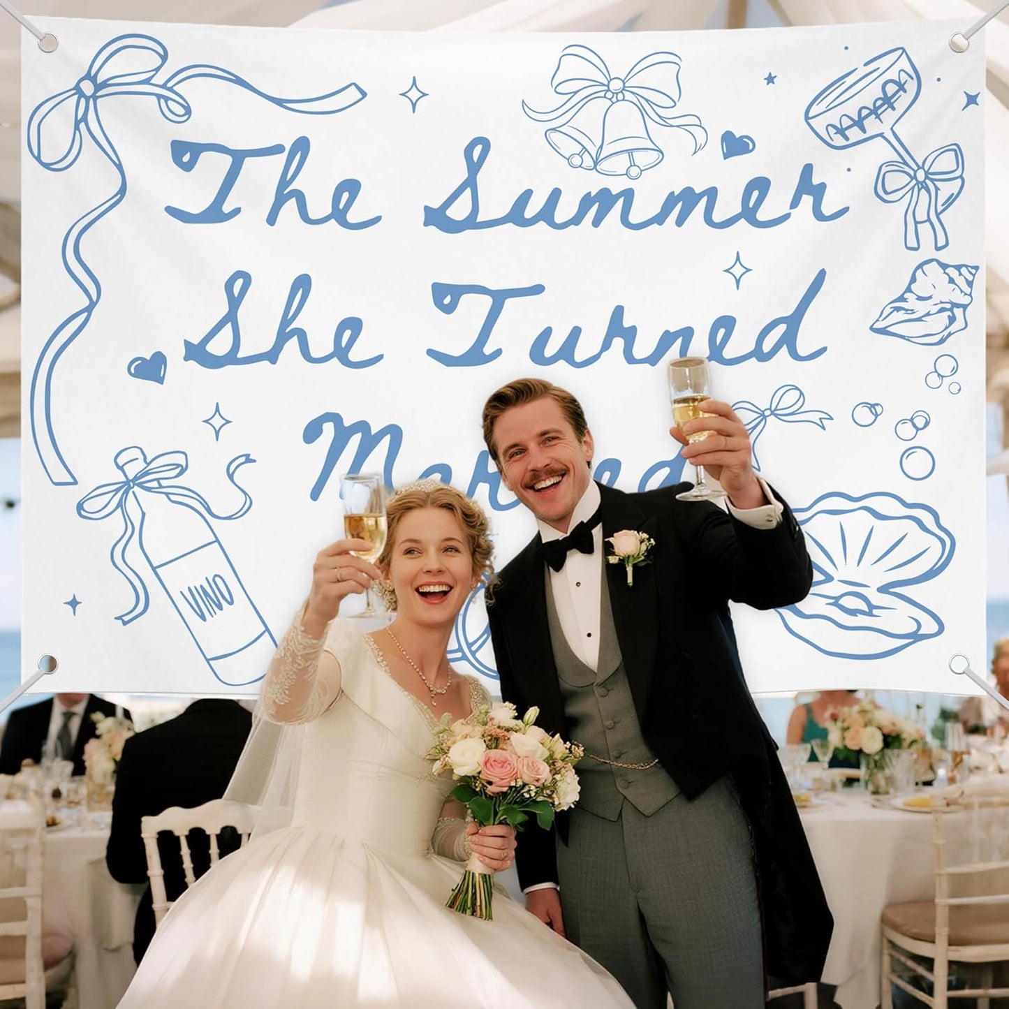 The Summer She Turned Married Backdrop - Beach Wedding Party Decorations - Bridal Shower Bachelorette Party Background Blue