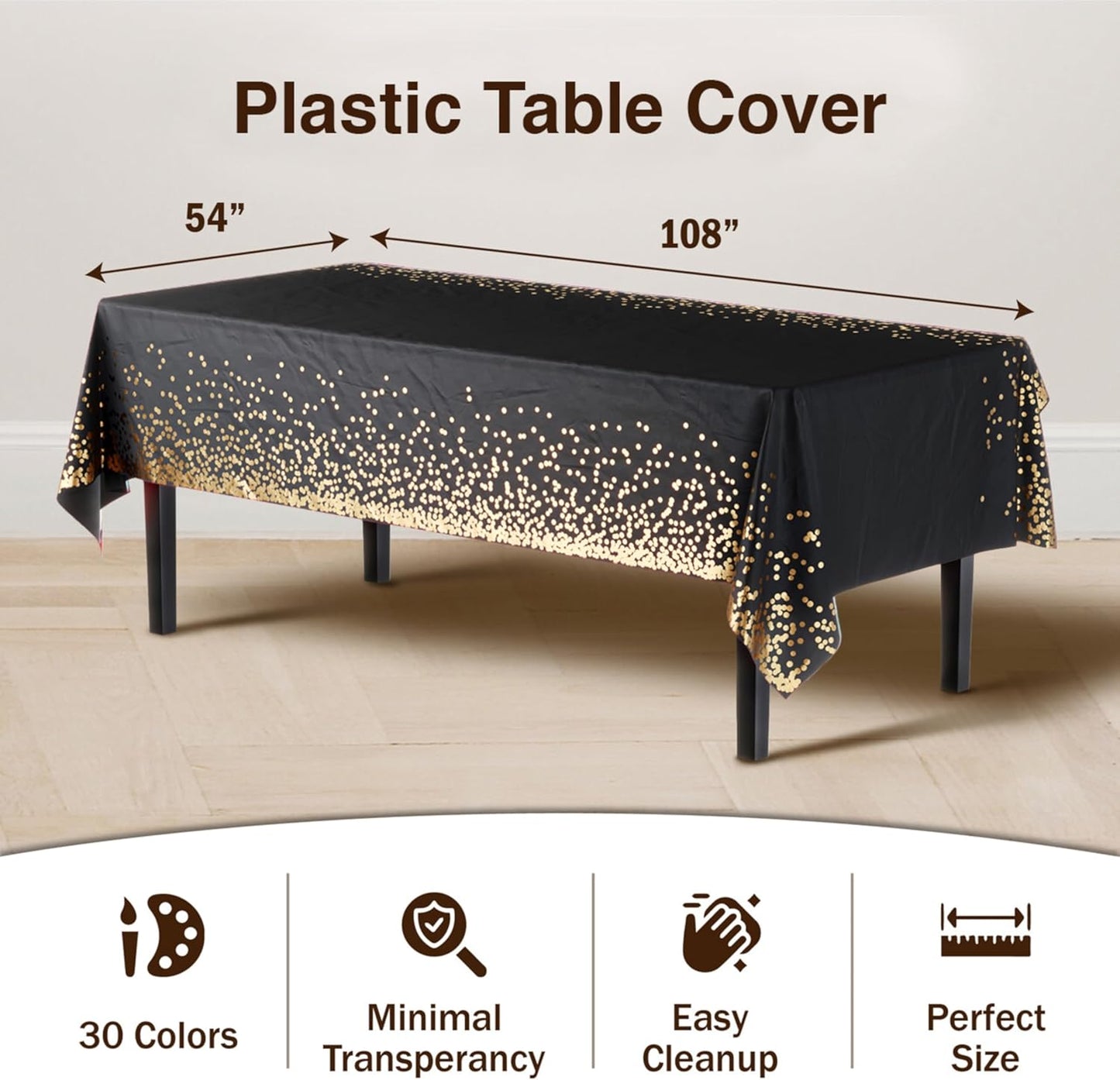 Party Solids White and Gold Tablecloth Pack Of 12 New Years Plastic Tablecloth Black and Gold Dot 54 Inch X 108 Inch Rectangle Table Cover Black and Gold Party Decorations