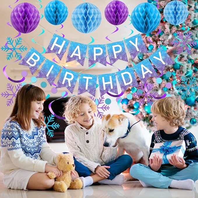 meowtastic Frozen Birthday Party Decorations - Happy Birthday Banner with Honeycomb Balls, Snowflake Hanging Swirls Streamers, Circle Dots Garland Decorations - Party Decor for Boys Girls (Frozen)