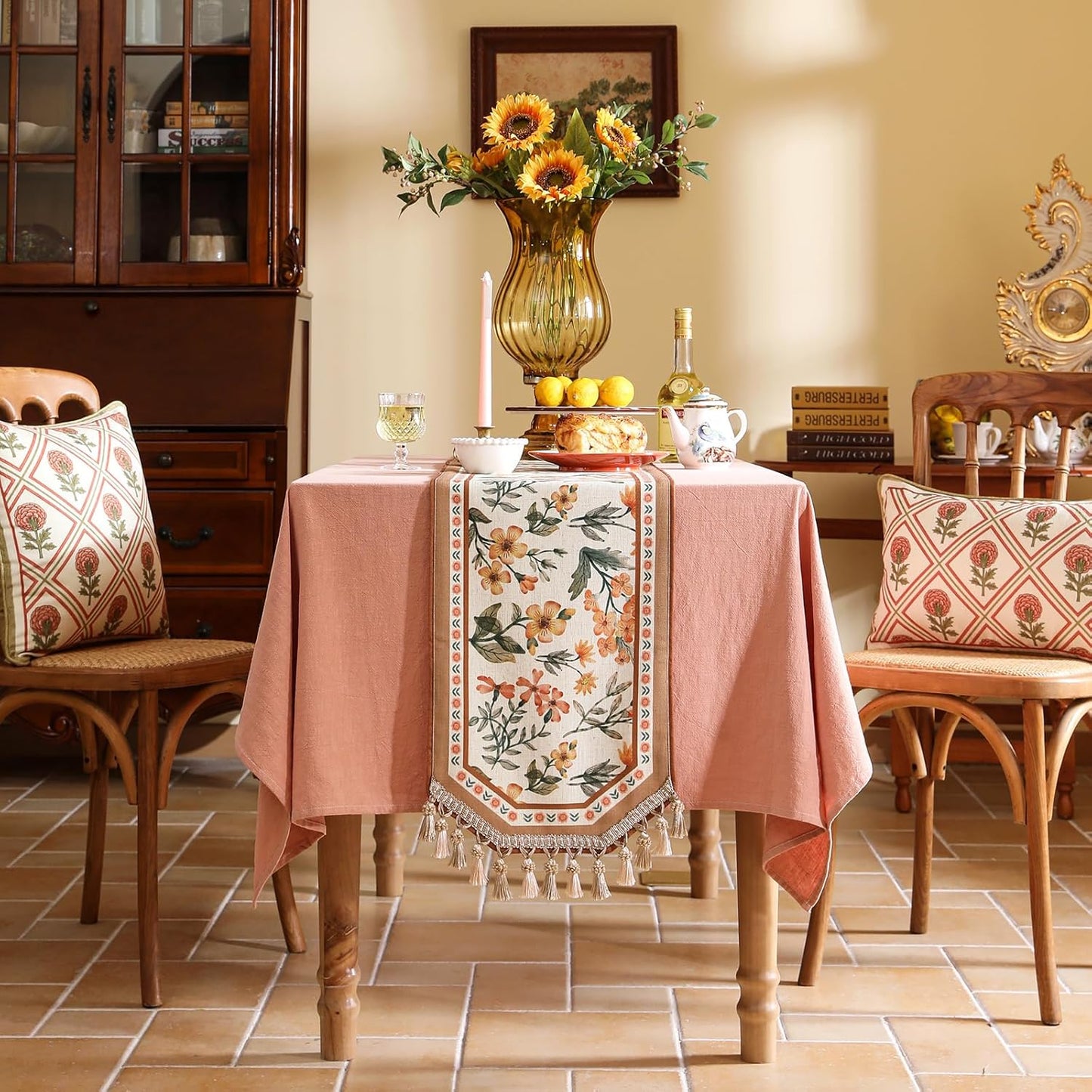 Vintage Linen Table Runner,Floral Table Runners 87 Inches Long,Soft and Luxury Coffee Table Runners.Decoration Tabletop for Kitchen,Dining,Party,Home,Christmas,12"*87"