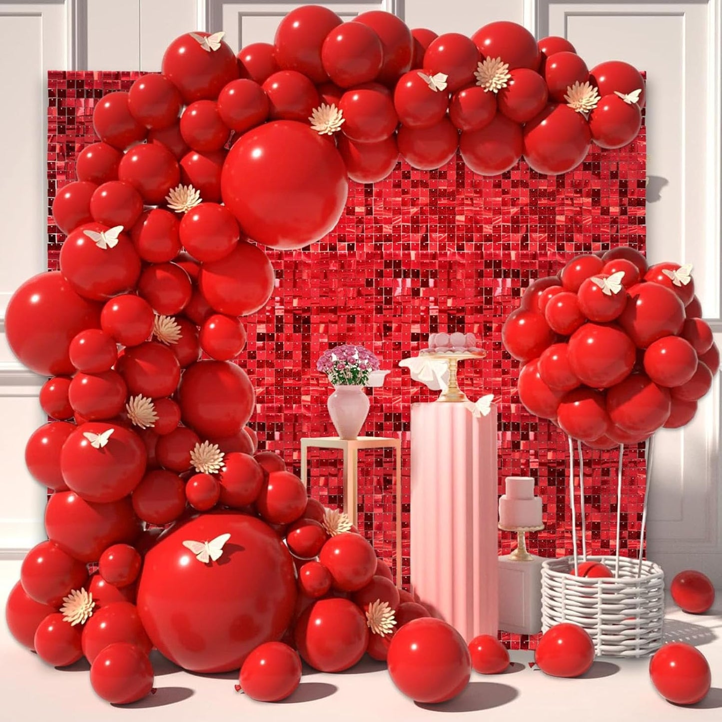 24PCS Red Shimmer Wall Backdrop, Laser Square Sequin Photo Backdrops Panel, Glitter Wall Background for Birthdays, Weddings, Christmas, Engagements, Disco Bachelorette Party Decoration (4FTx6FT)