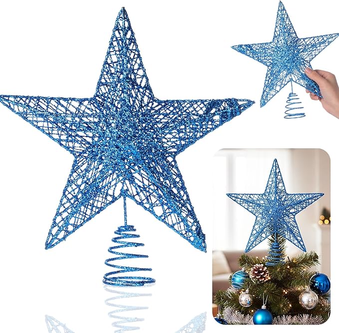 Christmas Star Tree Topper Glittering Hollow Star Topper Decoration for Xmas Tree Ornament Party Supplies(Sky Blue,9.8 Inch)
