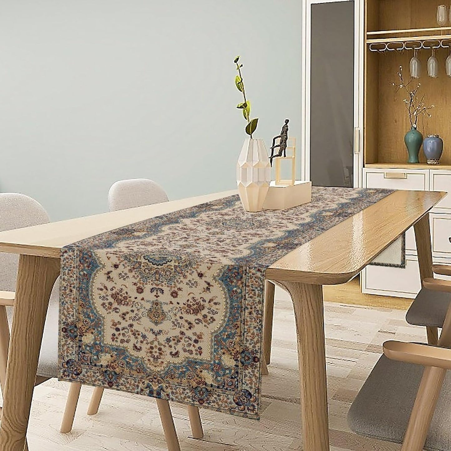 Boho Vintage French Table Runner,Retro Flower Rustic Country Style Floral Print Pattern for Home Kitchen Table Decor Dining Coffee Room Garden Party Decor 13x60in