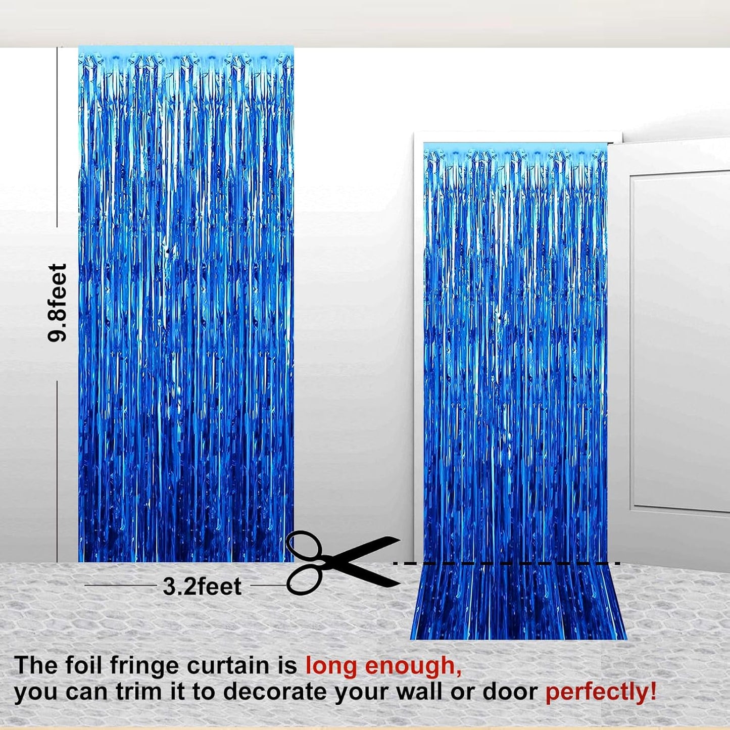 2 Pack 3.28 ft x 6.56 ft Blue Tinsel Curtain Party Backdrop Decorations, Metallic Foil Fringe Backdrop Door for Halloween, Christmas, Birthday Graduatio