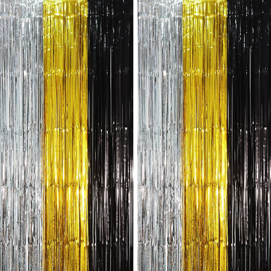 2 Pack Black Gold Silver Foil Fringe Backdrop Curtains, Tinsel Streamers Party Decorations, Fringe Backdrop, Door Shimmer for New Years or Birthday Party