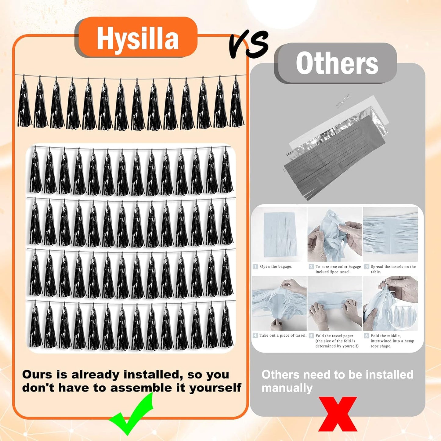 6P Black Foil Fringe Metallic Tassel Streamers Banner Tassel Garland for Parade Floats, Bachelorette, Wedding, Birthday, Graduation, Christmas, Bridal/Baby Shower Party Decorations