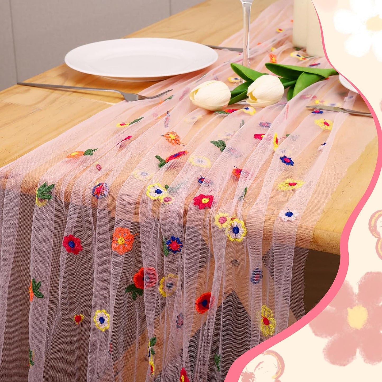 BINBE 3pcs Pink Daisy Fall Table Runner Embroidery Gauze 10FT Florals Seasonal Tulle Holiday Birthday Kitchen Dining Table Decor for Home Party