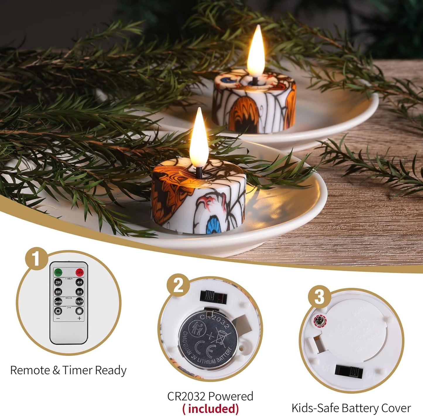 Eywamage Halloween Flameless Tealights with Remote, Spooky Spider Pumpkin Battery LED Tea Votive Candles Set of 12