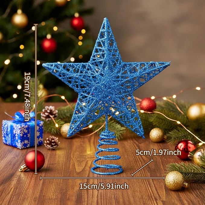 Christmas Star Tree Topper Glittering Hollow Star Topper Decoration for Xmas Tree Ornament Party Supplies(Sky Blue,5.9 Inch)