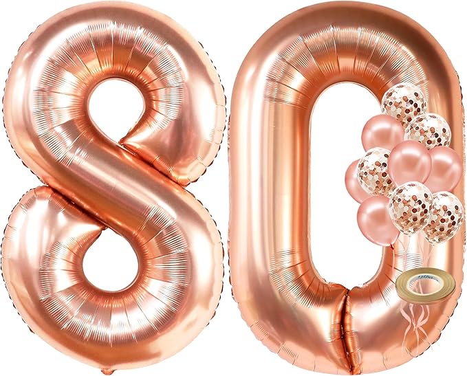 KatchOn, Giant 80th Rose Gold Balloon Numbers - 40 Inch | | Rose Gold 80th Birthday Balloons Set Pack of 12 | Rose Gold for 80 Birthday Decorations for Women, 80 Happy Anniversary Decorations