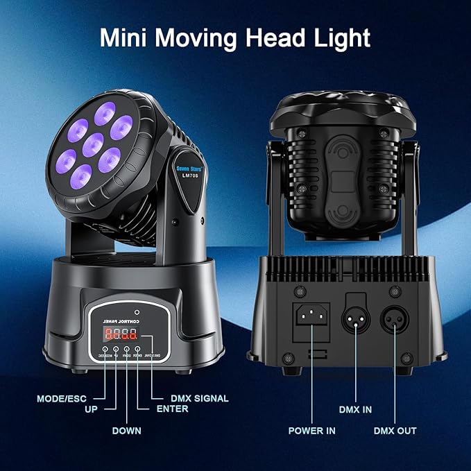 Seven Stars 60W Moving Head DJ Lights, RGBW Stage Lights, DMX512 DJ Lighting 9/16 Channel, Professional Spotlight for Parties, Bars, Disco, Church, Club, Halloween