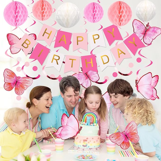 meowtastic Birthday Decorations, Happy Birthday Banner with Honeycomb Balls, Butterfly Hanging Swirl Streamers, Circle Dots Garland, Happy Birthday Party Decorations for Women Girls (Pink & White)