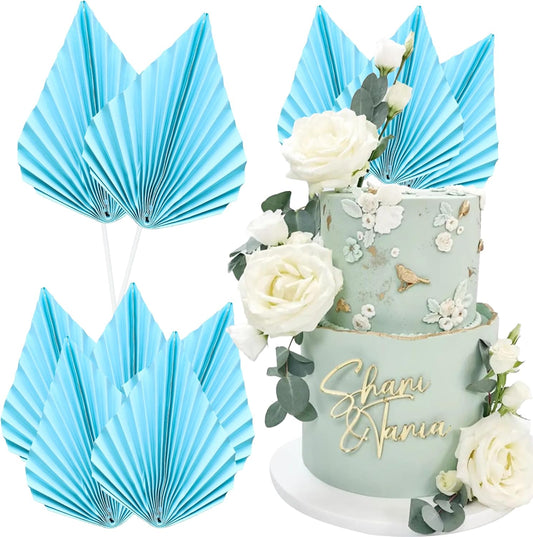 Ephlyn 6Pcs Paper Palm Fan Cake Topper Palm Leaf Fan Cake Pick Decoration for Insert DIY Craft Project Home Made Wedding Bridal Shower Birthday Anniversary Party Cake Decorations Blue
