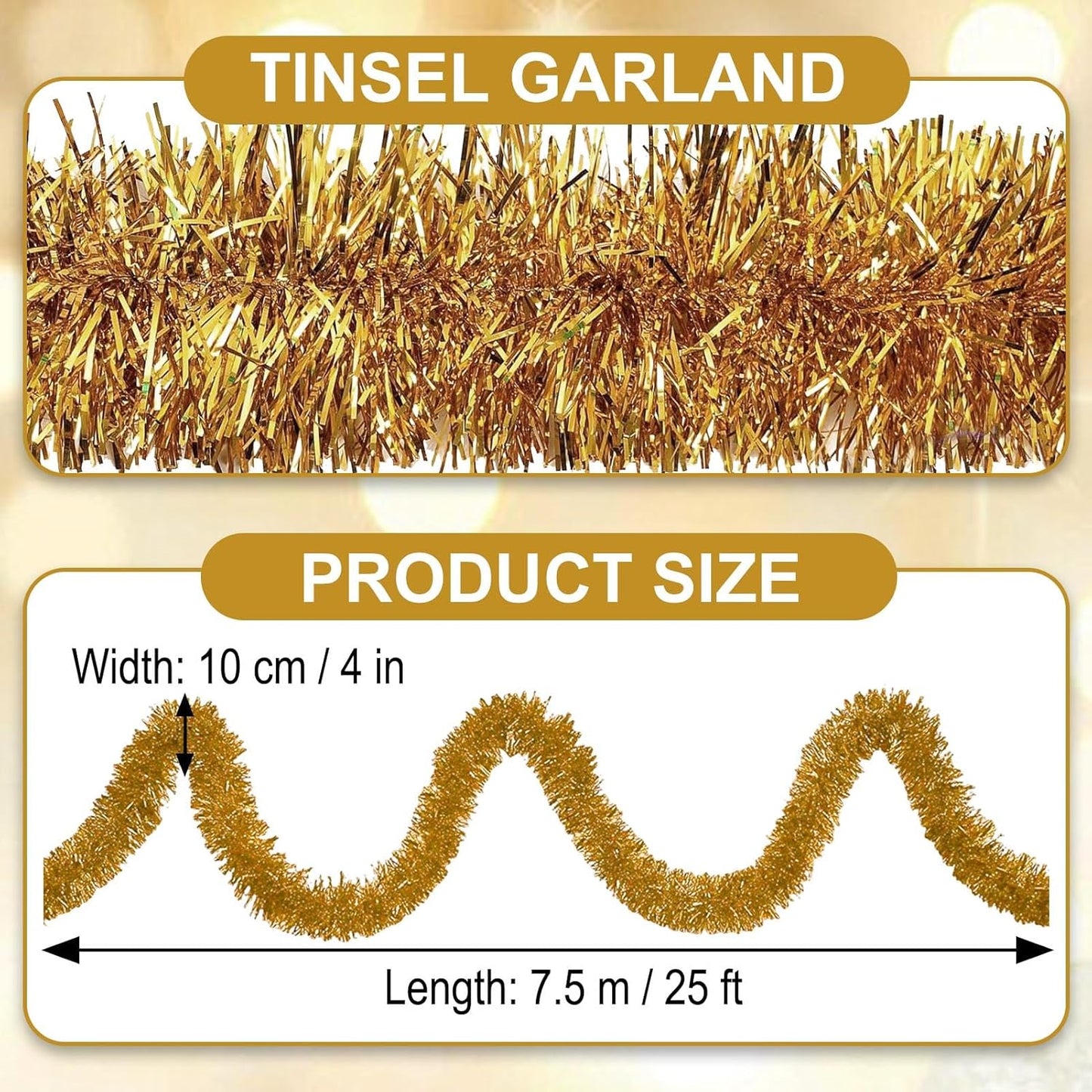 25 Feet Champagne Gold Christmas Tinsel Garland, Metallic Foil Twist Garland Wall Hanging Tinsel Banner Backdrop for Parade Floats, Easter, Mother's Day, Birthday Party Decorations (4in x 25ft)