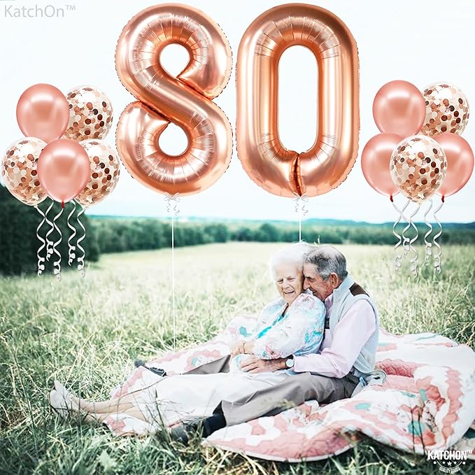 KatchOn, Giant 80th Rose Gold Balloon Numbers - 40 Inch | | Rose Gold 80th Birthday Balloons Set Pack of 12 | Rose Gold for 80 Birthday Decorations for Women, 80 Happy Anniversary Decorations