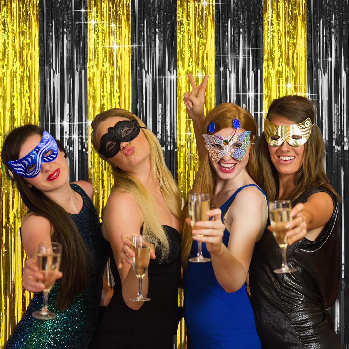 4 Packs Black and Gold Foil Fringe Curtain, Black Gold Metallic Tinsel Backdrop for Birthday, Wedding, Graduation Decorations 2025, Anniversary, Retirement Party Decorations Supplies