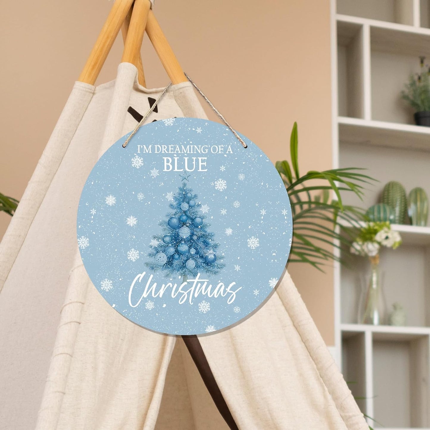 CGBHW Blue Christmas Tree Wooden Sign, Winter Holiday Theme Hanging Sign Wall Decor for Girls Room Home College, Aesthetic Christmas Xmas Snowflake Door Decor 12 x 6 Inch
