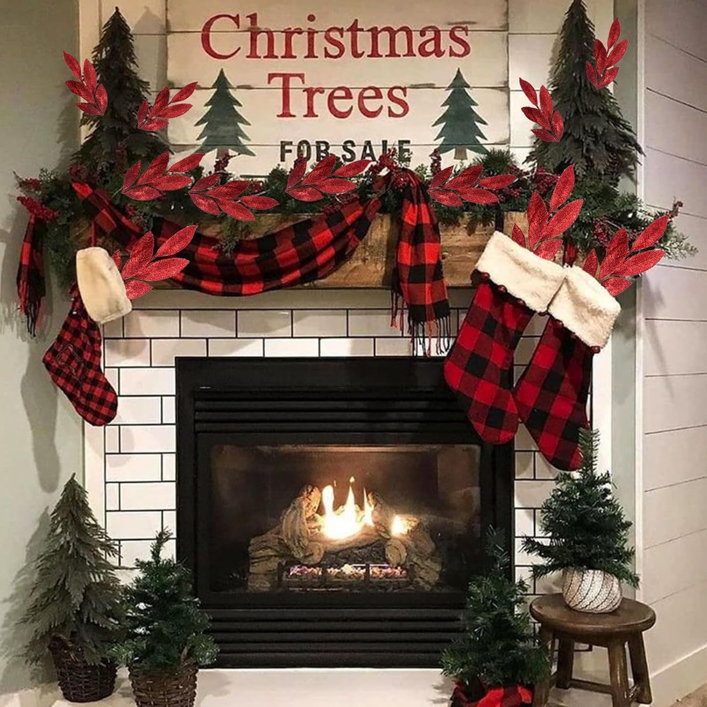 GREENTIME 12 Pack Artificial Red Glitter Leaves 13" Fake Christmas Picks Decorative Glitter Sticks for Vase Christmas Tree DIY Wreath Crafts Fireplace Decor