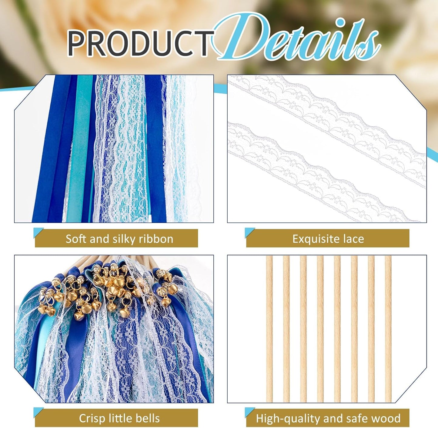 Taiyin 150 Pcs Lace Ribbon Stick Wands Wedding Wand Streamers with Bell Silk Ribbon Fairy Wand Wedding Send Off Streamer for Baby Shower Holiday Party Favors(Dark Blue,Light Blue)