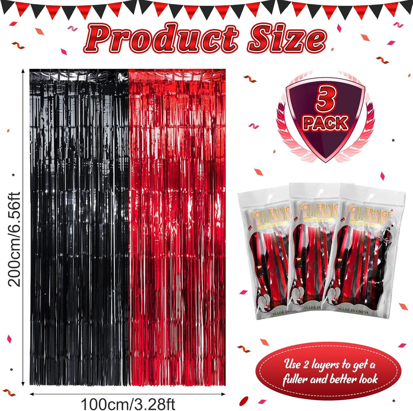 3 Pack 3.3Ft x 6.6Ft Graduation Foil Fringe Curtain Backdrop Decorations, Red Black Metallic Tinsel Foil Streamers Curtain Photo Booth Background for Graduation Prom Wedding Birthday Party Decorations