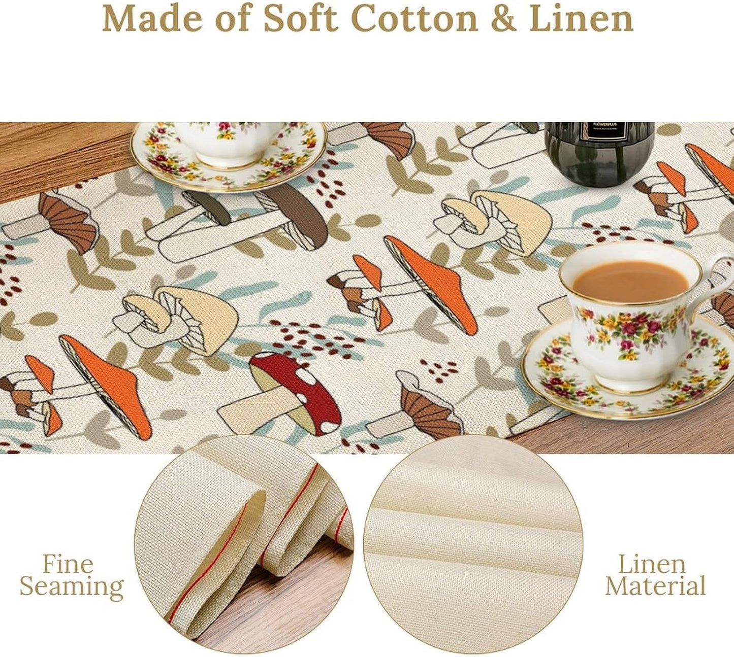 Mushroom Table Runner, Vintage Nature Plant Table Runner for Farmhouse Kitchen Dining Table Decoration for Home Party Decor 13x72 Inch